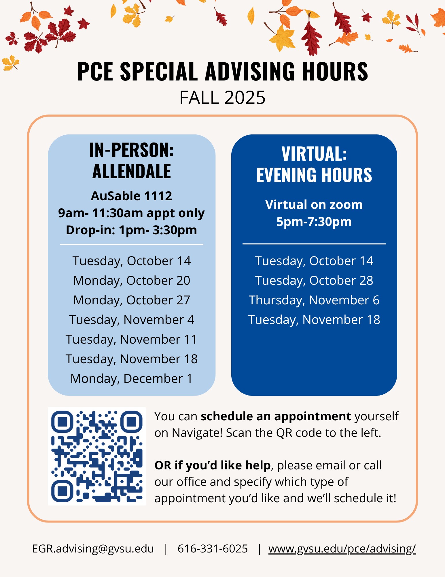 PCE Advising Special hours in Allendale and evening flyer